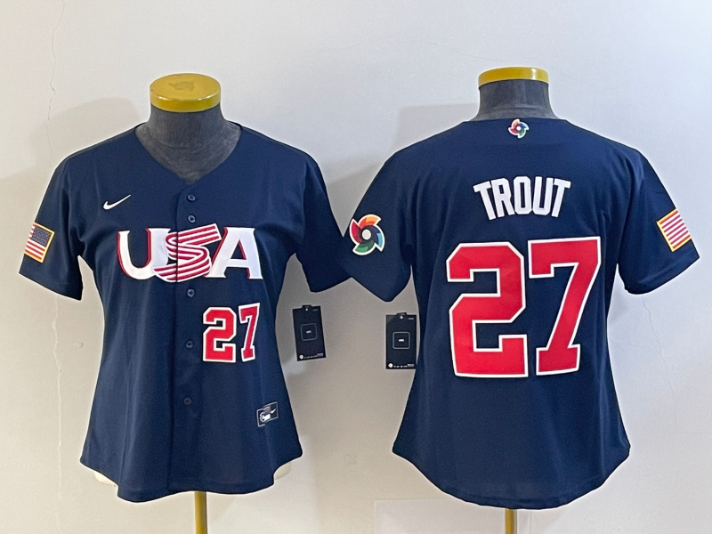 Women's USA Baseball #27 Mike Trout 2023 Navy World Baseball Classic With Patch Stitched Jersey(Run Small)